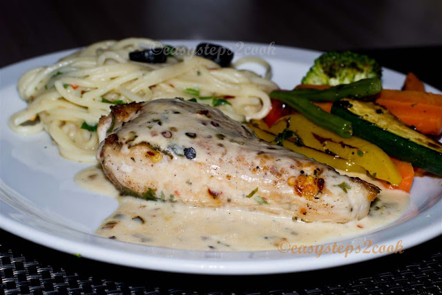 grilled chicken made in pan with vegetables and spaghetti