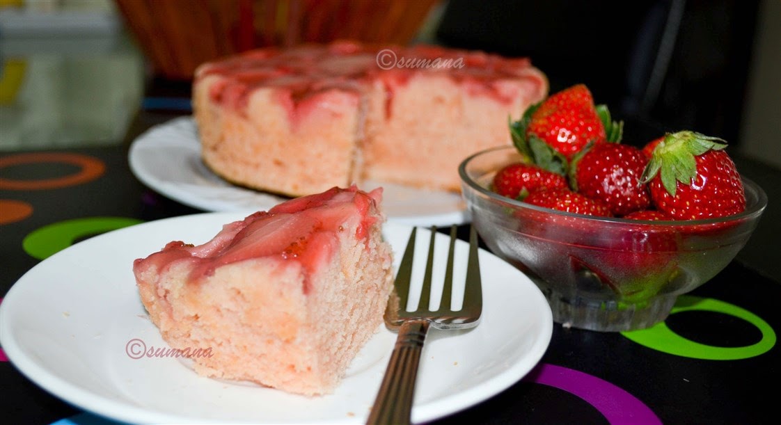 Strawberry flavoured Upside Down Cake with strawberry